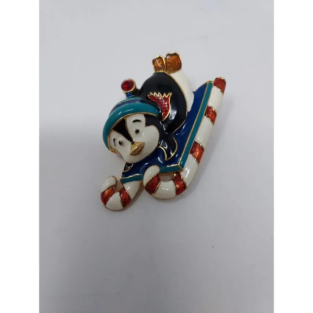 Vintage Christopher Radko Penguins Sledding Enamel Brooch Signed 2